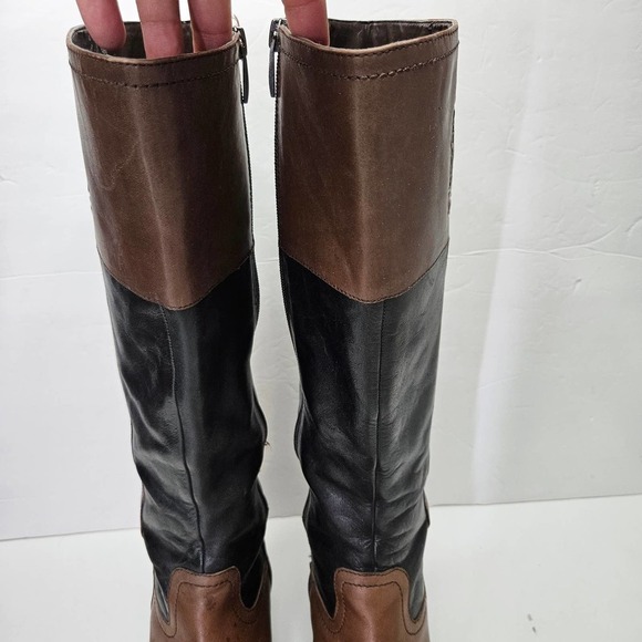 Franco Sarto Leather Riding Boots 9.5 Black Brown Embossed Logo - Picture 3 of 12